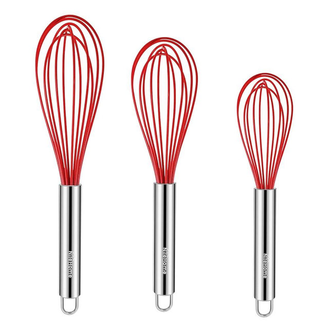 NileHome Whisk Commercial Stainless Steel wisk & Silicone Non-Stick Coated Small Whisk Set 8" 10" 12" Kitchen Wisk Wire Whisks for Cooking 3 Pack, Red