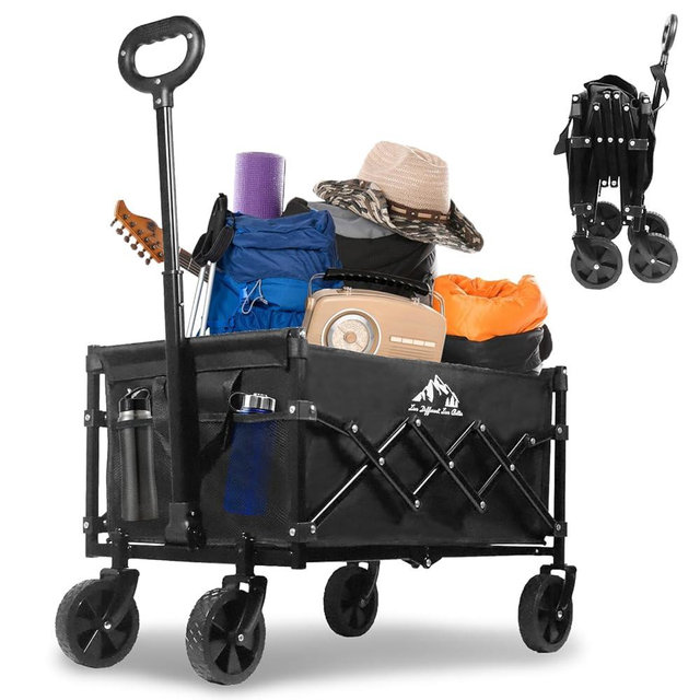 SAILARY Collapsible Wagon 352LBS Capacity, Foldable Large Carts, Heavy Duty Outdoor Folding Cart with All-Terrain Wheels, Utility Garden Beach Wagon with Storage Bag Black