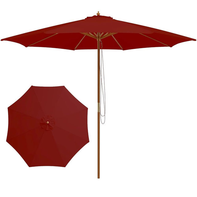 Tangkula 10FT Patio Umbrella, Outdoor Table Market Umbrella w/8 Wooden Ribs, 3 Adjustable Heights, Rope Pulley System, Detachable Pole, Wooden Patio Umbrella for Garden, Poolside, Backyard (Burgundy)
