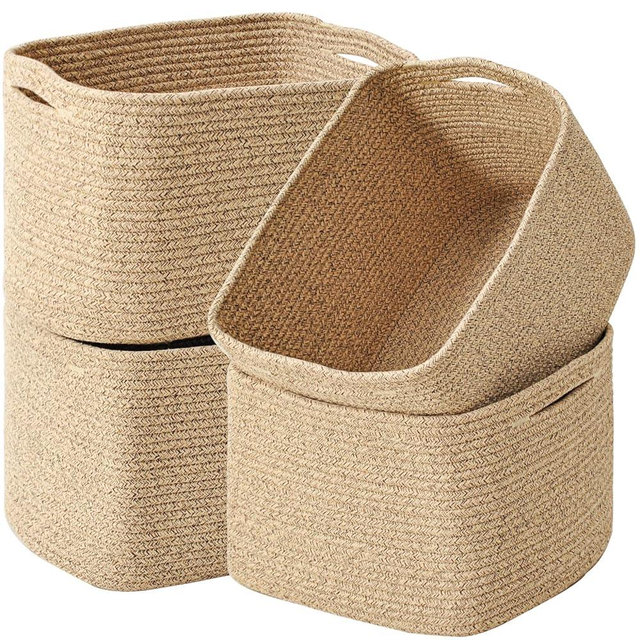 ICERZCZ Storage Baskets for Organizing & Shelves, Woven Cotton Rope Organization Bins for Dog Toys, Clothes, Books, Nursery Organizer, 15" Lx11''Wx9.5''H, (4 Packs) Brown
