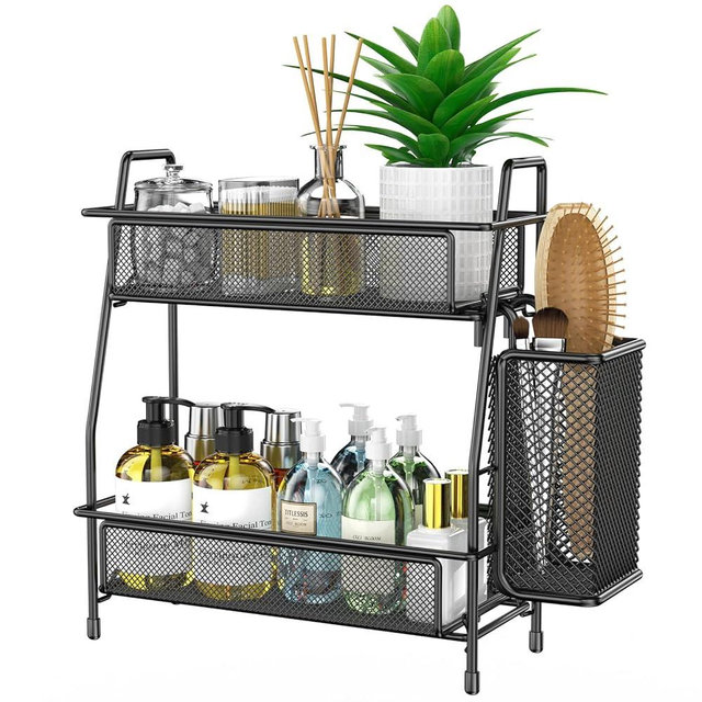 THENNIKIGO 2 Tier Bathroom Countertop Organizer With Brush Holder, Bathroom Organizers and Storage,Countertop Medicine Cabinet(Black)