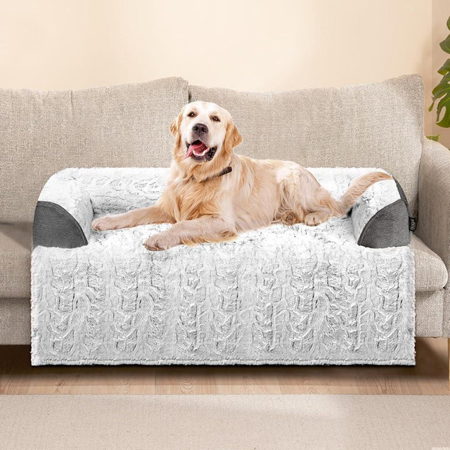 blunique Dog Couch Bed for Large Dogs Memory Foam, Faux Fur Waterproof Dog Bed for Couch Furniture Protector, Calming Dog Bed Washable with for Pet Sofa Cover, Large 41x37 Inches