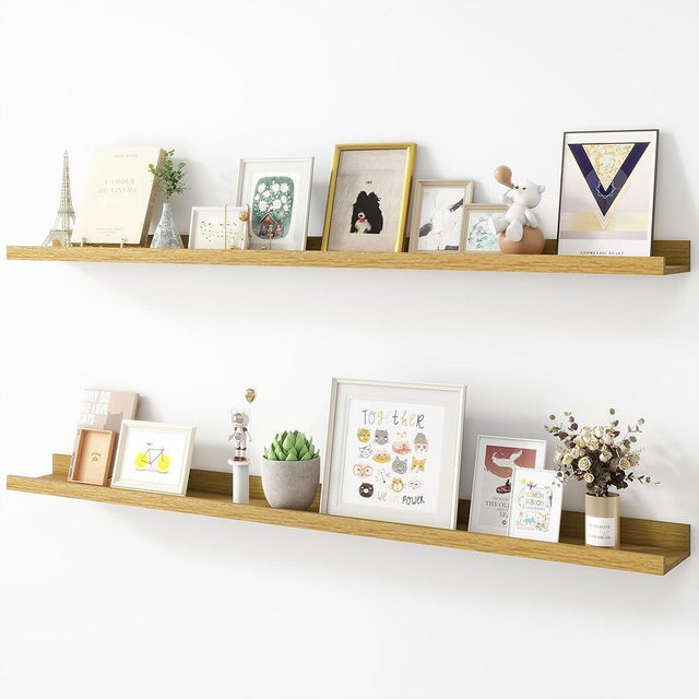 Acovy Picture Ledge Shelf, Wood Long Floating Shelves for Wall, Set of 2, 48 inch Picture Ledge Shelves, Photo Ledge Nursery Book Shelves Wall Mounted for Living Room Kids' Room Bedroom, Color Oak