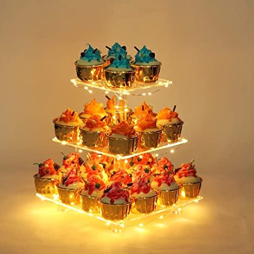 YestBuy 3 Tier Square Cupcake Stand - Premium Cupcake Holder - Acrylic Cupcake Tower Display - Cady Bar Party Décor + LED Light String - Ideal for Weddings, Birthday Parties (Yellow Li)