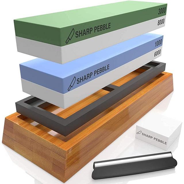 Sharp Pebble Knife Sharpening Stones Kit with 1000/6000 and 3000/8000 Grit with Flattening Stone & Angle Guide
