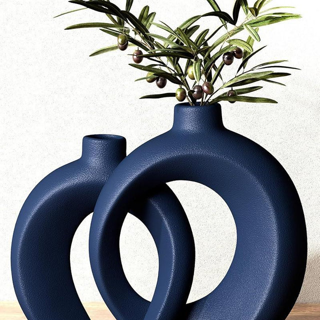 Blue Vase Set of 2 - Donut Navy Vases Home Decor, Modern Coastal Decor - Decorative Vase, Ceramic Decorations for Living Room Coffee Table Bookshelf Shelf Console Mantle (Matte Navy Blue)