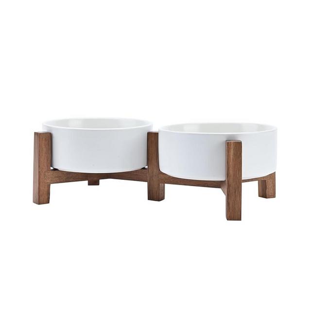 SPUNKYJUNKY Ceramic Dog Bowls with Acacia Wood Stand - Raised Dog Food and Water Bowl Set for Small to Medium Dogs (13.52 OZ, White)