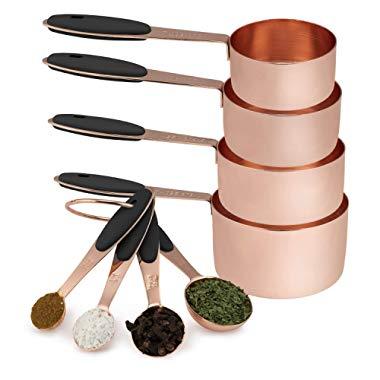 Cook with Color 8-Piece Copper Measuring Cups and Measuring Spoon Set Stainless Steel with Soft Touch Silicone Handles, Nesting Liquid Measuring Cup Set or Dry Measuring Cups Set (Black)