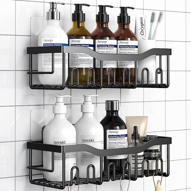 SunnyPoint NeverRust Aluminum Shower Caddy Basket Organizer Storage Rack,  Removable Adhesive Pad; No Drilling for Bathroom, Kitchen (Set of 2, Black)