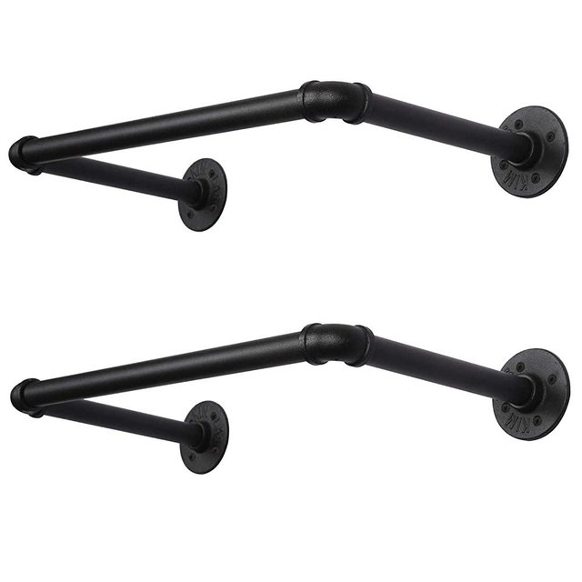 OROPY Industrial Pipe Clothes Rack 21.6” Set of 2, Heavy Duty Wall Mounted Black Iron Garment Bar, Multi-Purpose Clothing Hanging Rod for Laundry Room and Closet Storage