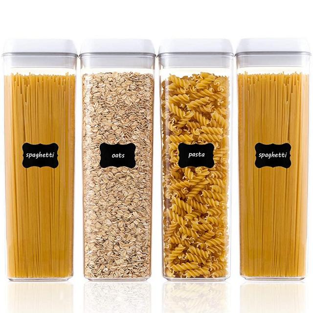 Airtight Food Storage Containers, Vtopmart 4 Pieces BPA Free Tall Plastic Pasta Spaghetti Containers with Easy Lock Lids, for Kitchen Pantry Organization and Storage, with 24 Labels