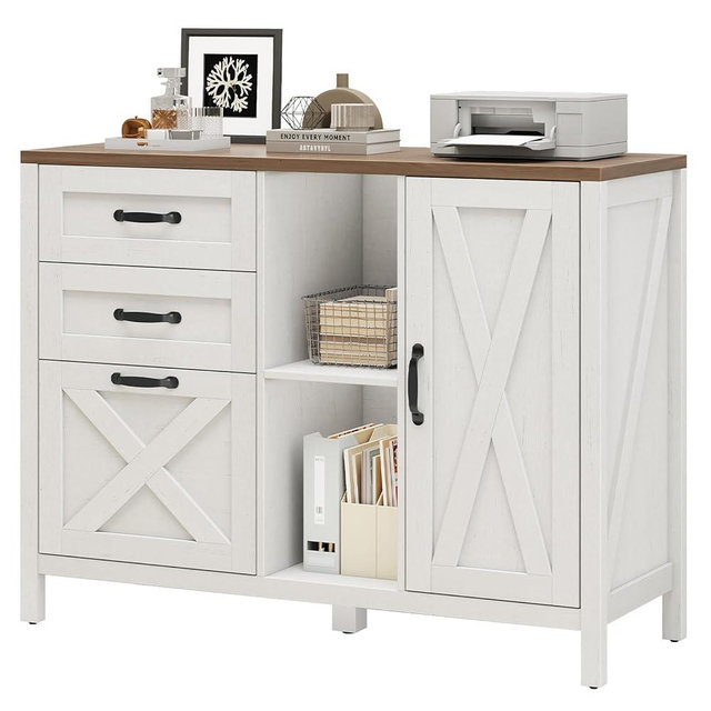 Halitaa 3 Drawer File Cabinet, Farmhouse Style Lateral Filing Cabinet Suitable for Letter or A4 Size Files, Wooden Home Office Storage with Adjustable Shelf and Printer Stand, White and Brown