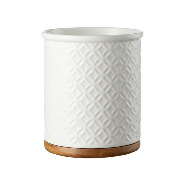 Hyperspace Embossed Ceramic Kitchen Utensil Holder with Acacia Wood Bottom for Kitchen Countertop and Dining Table