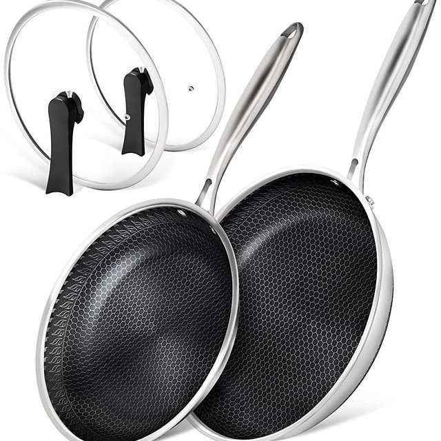 MICHELANGELO Stainless Steel Frying Pan Set with Lids, 9.5 & 11 Inch Frying Pans Nonstick, Stainless Steel Fry Pan Set, Honeycomb Pans for Cooking, Skillet with Lid - Induction Compatible