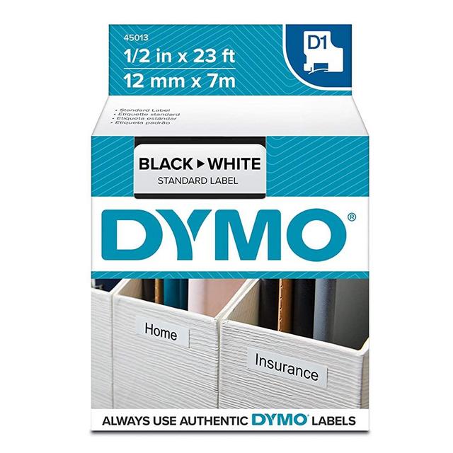 DYMO Authentic D1 Label l DYMO Labels for LabelManager, COLORPOP and LabelWriter Duo Label Makers, Great for Organization, Indoor and Outdoor Use, ½” (12mm), Black Print on White Tape, Water Resistant
