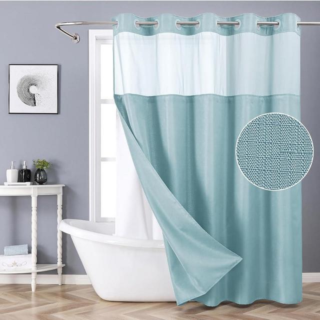 eachope Teal No Hook Shower Curtain with Snap-in Fabric Liner Set,Slub Textured Fabric Shower Curtains for Bathroom,Hotel Style Modern Shower Curtain,Water Repellent & Washable,71x74(72)