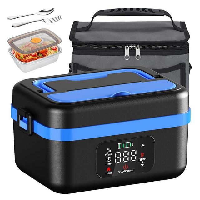 Cordless Electric Lunch Box, Battery Powered Heated Lunch Box, 1 Liter Food Insulated Lunchbox with Fork and Spoon Insulated Carrying Pouch for Truck Drivers Blue Collar
