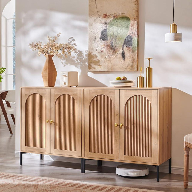 IFGET Modern Buffet Cabinet with Storage, 61.75" W Fluted Arched Sideboard Cabinet w/Adjustable Shelves, Wooden Modular Coffee Bar for Dining Room, Kitchen, Living Room, Entryway, Natural