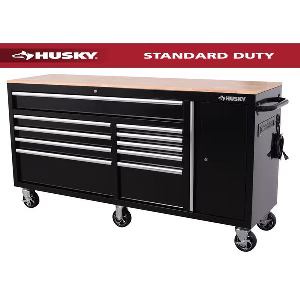 Husky Standard Duty 72 in. W x 20 in. D 10-Drawer Gloss Black Mobile Workbench Cabinet with Solid Wood Top H72MWC10BLK-TL