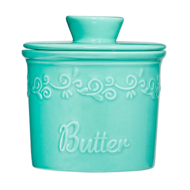 French Butter Crock with Lid & Spreader - 6oz Hard Dolomite Butter Keeper for Countertop - Microwave & Dishwasher Safe (Turquoise)