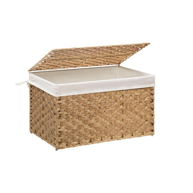 MOORLITER Wicker Storage Basket with Lid, 17.2 Gallon (65L) Small Blanket Basket with Lid, Woven Storage Bin with Handles, Removable Liner, Metal Frame, Foldable, for Bedroom, Laundry Room, Natural