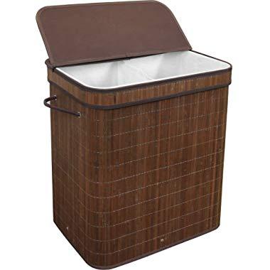 Greenco Bamboo Foldable Double Hamper, Flip-top Lid, Side Rope Carrying Handles and Inner Liner with Divider- Espresso