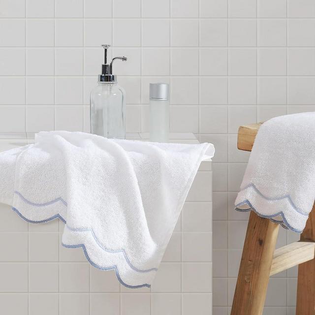 Peri Home 100% Cotton Hand Towel for Bathroom, Embroidered, Soft & Absorbent, 500 GSM, 1 Piece, 16" x 27", White with Blue Scallop