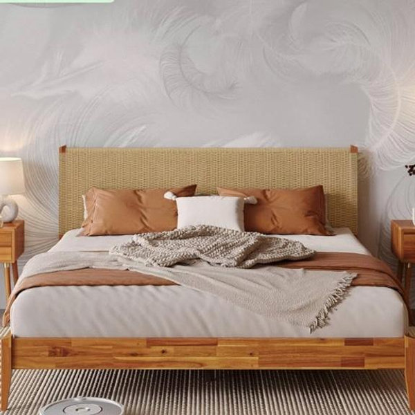 Bed Frame and Headboard: Bme Selina King Bed Frame and Headboard - Handcrafted Paper Cord Headboard, 12-Slat Support, No Box Spring Needed - Easy Assembly, Caramel