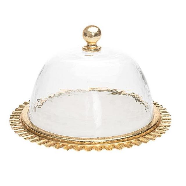 Cake Plate Tray Platter with Dome Cover Ripple Gold by Godinger - Marble