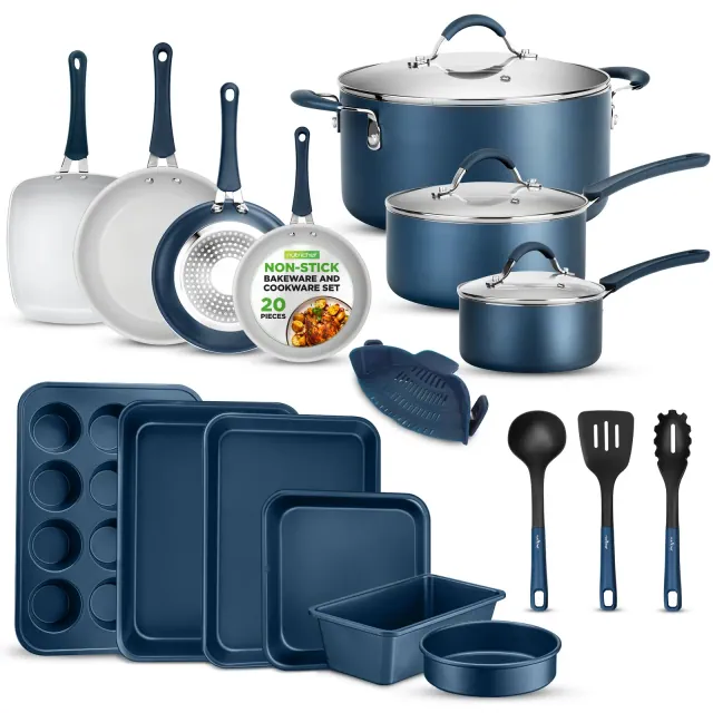 NutriChef 20pc Non-Stick Cookware and Bakeware Set with Silicone Strainer - NCCW20SBLU, Blue