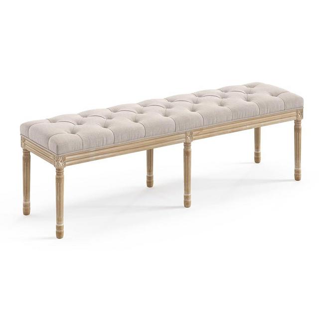 LUE BONA 60" Bedroom Bench, Vintage French Tufted End of Bed Bench, Upholstered Fabric Ottoman Bench with Carved Wood Legs for Bedroom,Dining Bench Piano Stool for Living Room,Foyer, Linen