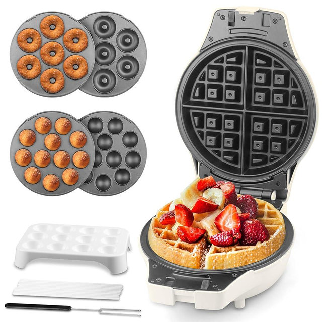 SugarWhisk Thick Belgian Waffle Maker with 3 Removable Plates, 7” Non Stick Belgian Waffle Iron Removable Plates, 3 in 1 Mini Donut Maker Machine, Cake Pop Maker Machine Set with Accessories & Tools