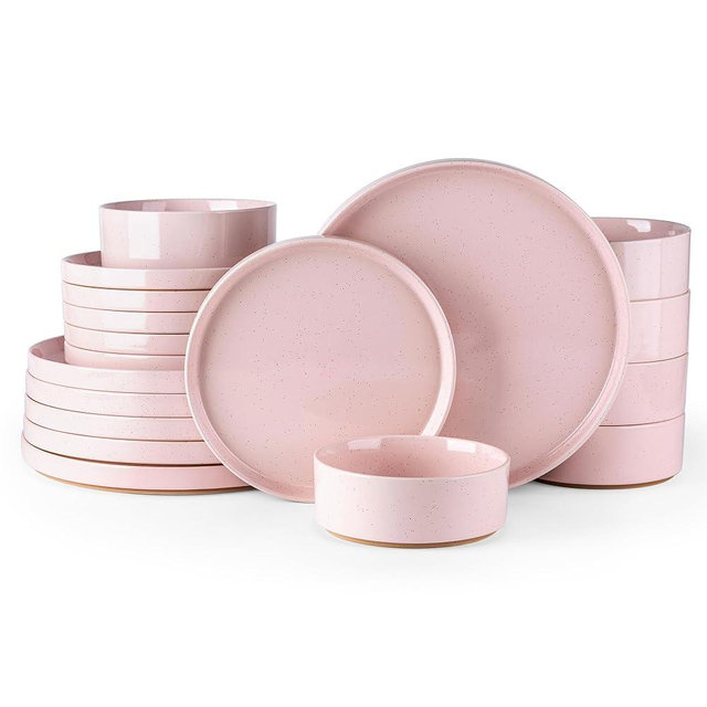 AmorArc Ceramic Dinnerware Set for 6 | Speckled Stoneware Plates and Bowls with Rustic Terracotta Underside| Scratch Resistant,Dishwasher & Microwave Safe Dishes Sets- 18pcs Pink