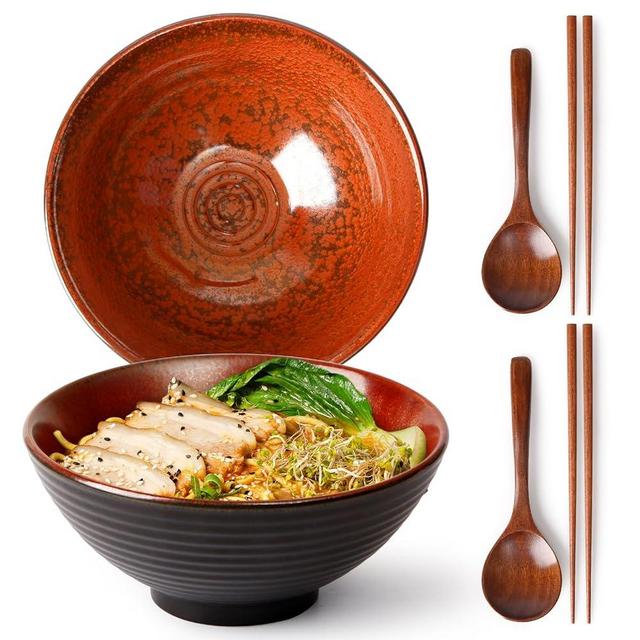 NUTRIUPS 8 Inch Ceramic Ramen Bowl Set of 2 Pho Bowls 40oz Japanese Noodle Udon Soup Bowls with Spoons and Chopsticks (Agate Red)