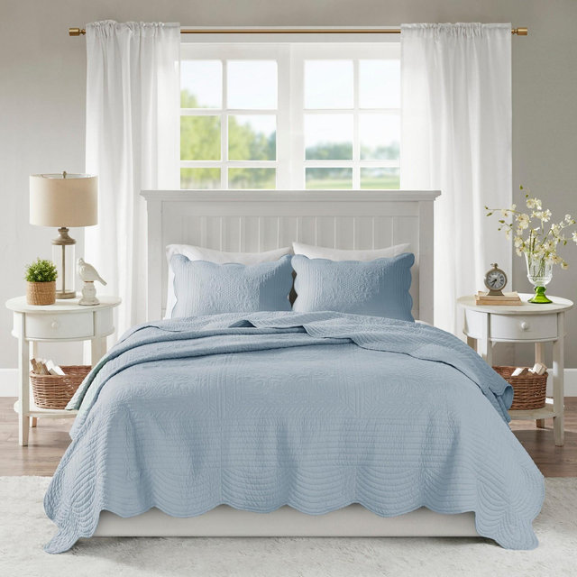 3 Pcs Elegant Reversible Scalloped Edge Quilt Set, All Season Bedding Sets, Cozy Microfiber Face Home Textile fits Lux Bedroom Decor,Blue,Full/Queen