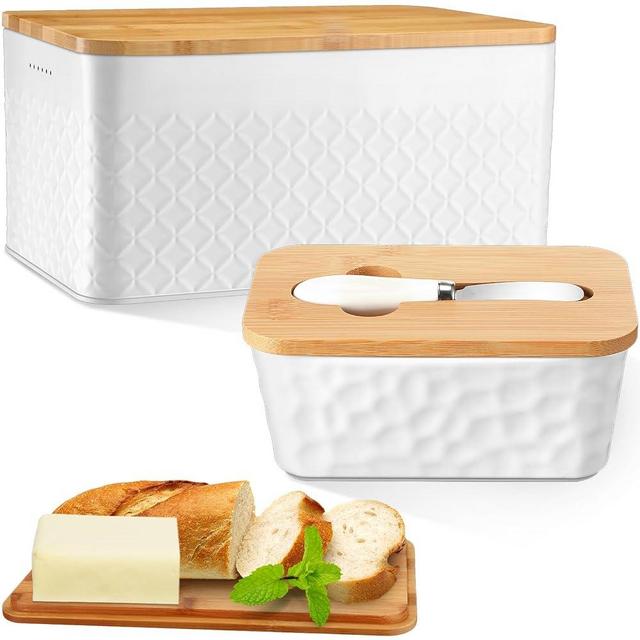Yaocom 2 Pcs Bread Box and Butter Dish with Bamboo Cutting Board Lid, Large Metal Bread Storage Container for Kitchen Farmhouse Airtight Ceramic Butter Holder with Stainless Steel Knife (White)