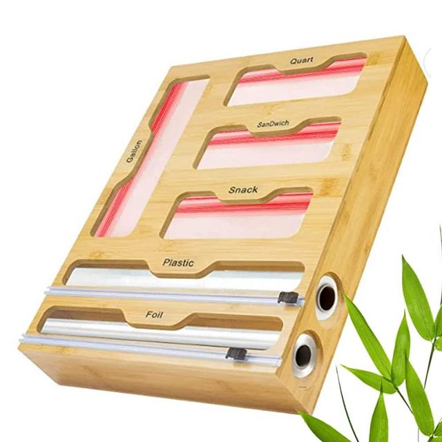 Ziplock Bag Organizer, 6 IN 1 Bamboo Foil and Plastic Wrap Dispenser with Cutter for Kitchen Drawer, Ziplock Bag Storage Organizer for Gallon, Quart, Sandwich, Snack.Compatible with 12" Kitchen Rolls