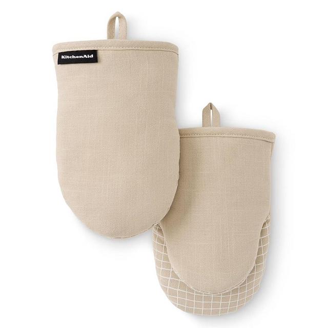 KITCHENAID Gourmet Series Gridlines Mini Oven Mitts 2-Pack Set, Heat Resistant up to 600°F, Soft Silicone Grip, Magnetic Cuff, Milkshake Tan, 5.5"x9"