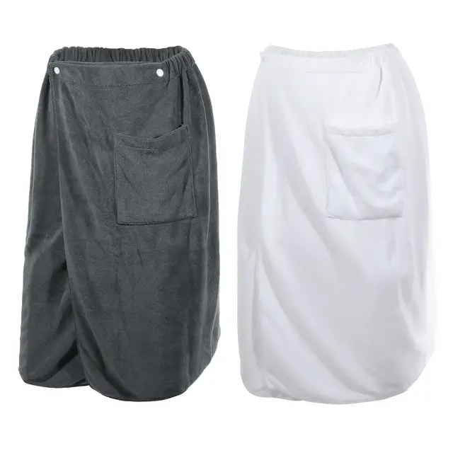 Unique Bargains Men's Bath Wrap Towel for Shower Spa Adjustable Robes with Hair Dry Cap White Gray 2 Pcs 70x140cm