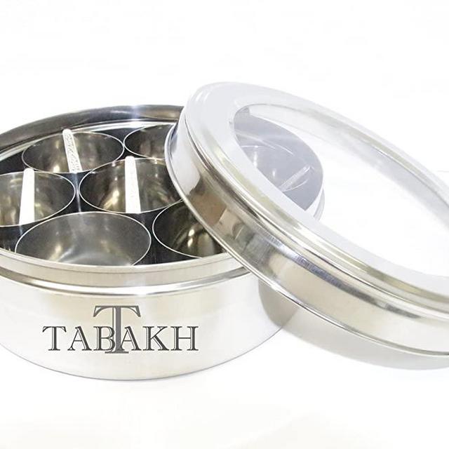 Tabakh Stainless Steel Masala Dabba/Spice Container Box with 7 Spoons - Clear Lid