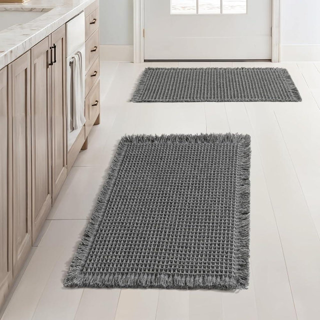 MIULEE Set of 2 Waffle Bathroom Rugs, Boho Bath Rugs Non Slip Washable, Super Absorbent Bath Mats, Ultra Soft Rubber Backed Shower Mats for Bathroom Floor, Tub and Shower, Dark Grey, 17x24 Inch