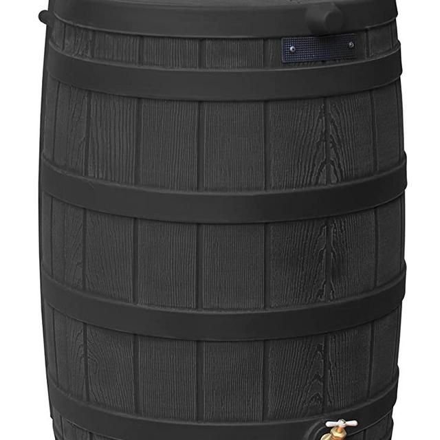 Good Ideas Rain Wizard 50 Gallon Plastic Outdoor Home Rain Barrel Water Storage Collector with Brass Spigot and Flat Back Design, Black