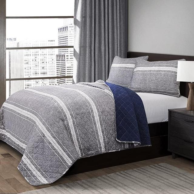 Lush Decor Lush Décor Martlon Stripe 3 Piece Quilt Set, Full/Queen, Gray