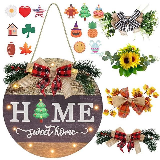 Interchangeable Seasonal Welcome Sign Front Door Decoration with 4 Seasonal Wreaths and LED Light, Rustic Round Wood Wreaths Wall Hanging Outdoor, Farmhouse Front Door Decoration Home Décor