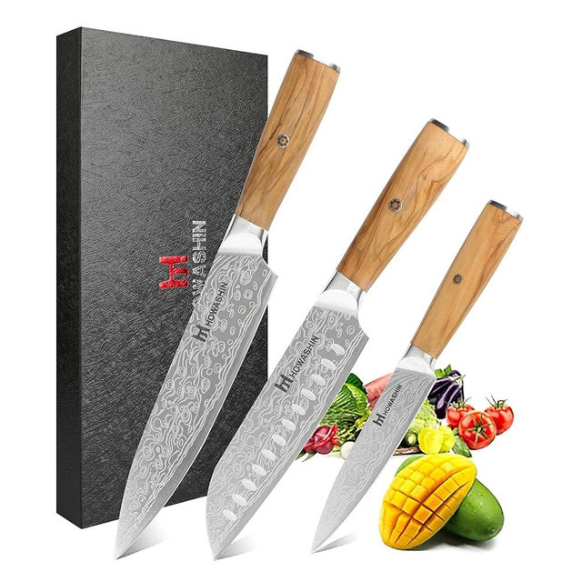 Howashin 3 Piece Professional Chef Knife Set - Ultra Sharp High Carbon Stainless Steel Japanese Knives with Olive Wood Handle,Gift Box for Home & Restaurant