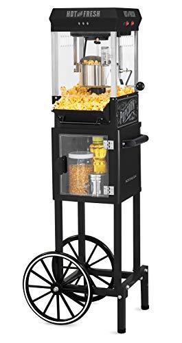 Nostalgia KPM220CTBK 2.5 oz Professional Popcorn & Concession Cart with 5 quart Bowl, 45" Tall, Makes 10 Cups, with Kernel & Oil Measuring Spoons & Scoop, 11" Wheels for Easy Mobility, Black