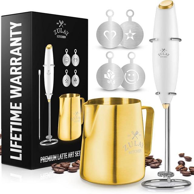 Zulay Kitchen Milk Frother Set - Latte Art Coffee Kit - Comes with Milk Frother Handheld, Stainless Steel Frothing Pitcher & Coffee Art Stencils - Coffee Lover & Barista Gift Set - (White Gold)