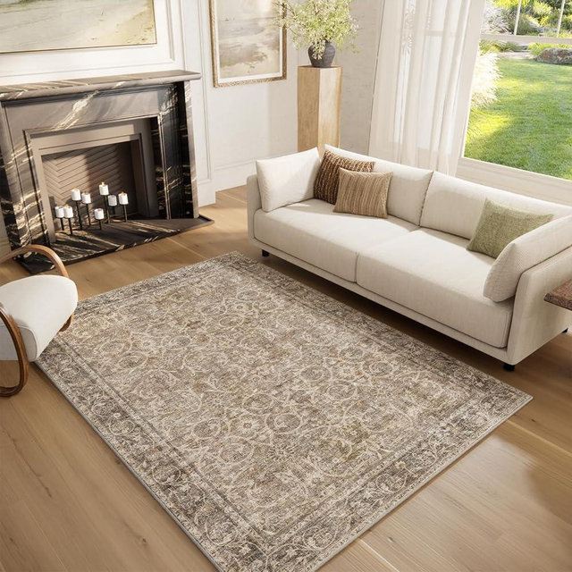 NoiFamo Washable Area Rugs 5'x7' Non-Slip Vintage Boho Distressed Fade Resistant Low Pile Carpet for High-Traffic Living Room, Bedroom & Dining Room