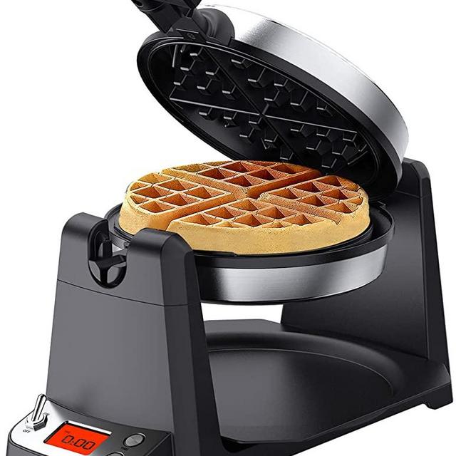 Elechomes Flip Belgian Waffle Maker with LCD Display (1.4" Thick Waffles), 180° Rotating Waffle Iron, Digital Timer, Non-Stick Coating Plates, Removable Drip Tray, Recipes Included, Stainless Steel