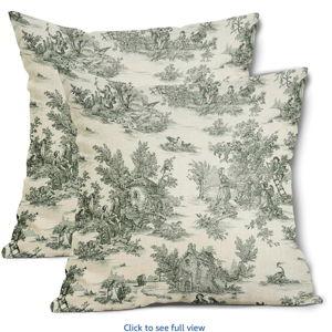 16x16 Inch aportt French Country Pillow Covers Set of 2 Vintage Toile Green Cotton Linen Polyester Decorative Throw Pillow Case Cushion Cover for Bedroom Sofa Living Room Couch Chair Office